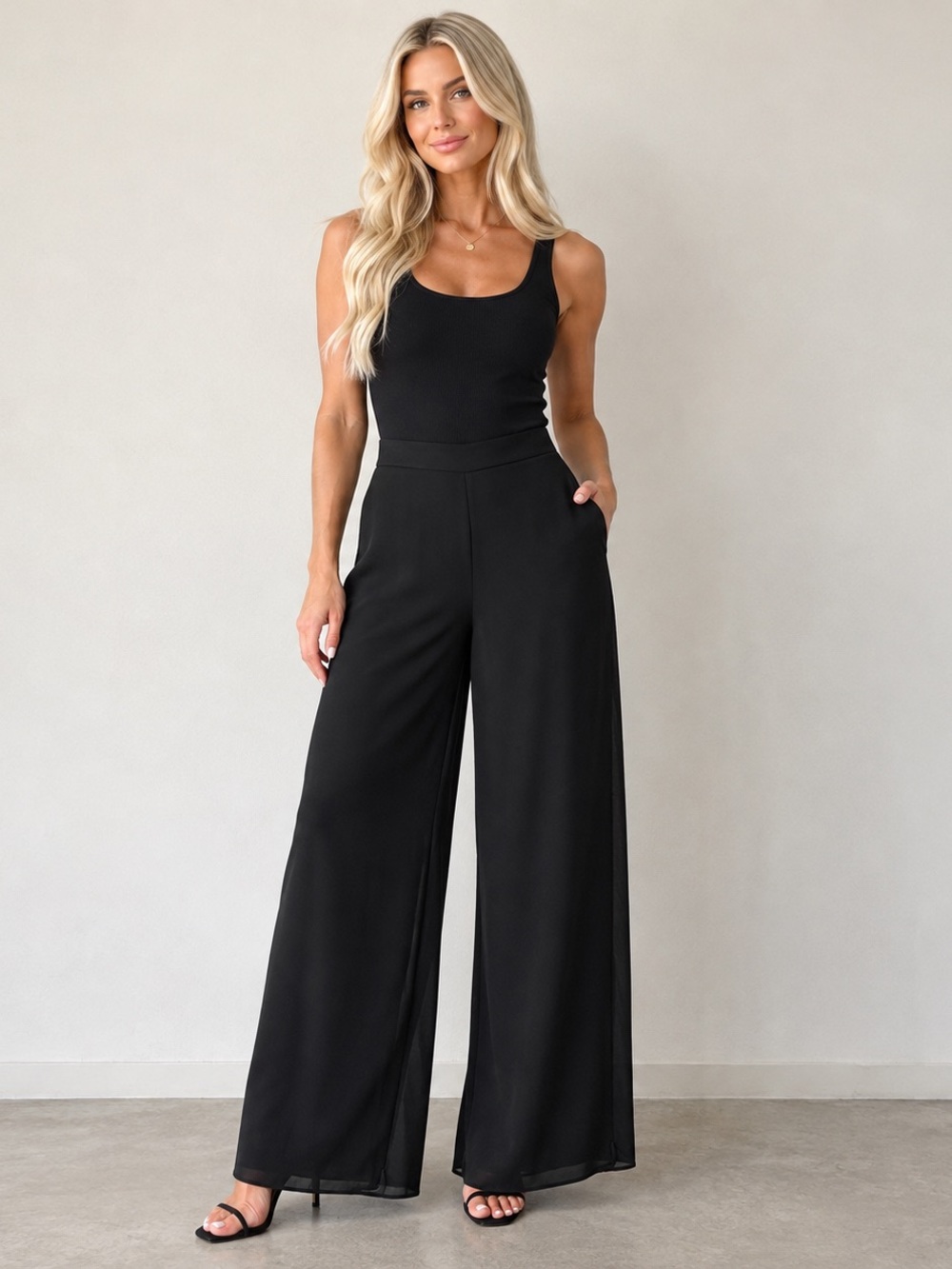 Joseph Ribkoff Black Chiffon Wide Leg Palazzo Dress Pants